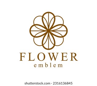 Flower in geometric linear style vector emblem isolated on white background, blossoming flower hotel or boutique or jewelry logo, sacred geometry design element.