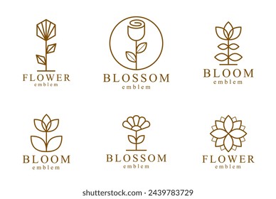 Flower in geometric linear style vector emblems set, blossoming flower hotel or boutique or jewelry logos collection, sacred geometry design elements.