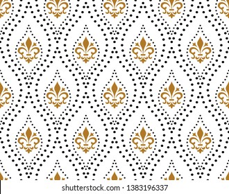 Flower geometric pattern with lilies. Seamless vector background. White and gold, black ornament. Ornament for fabric, wallpaper, packaging, Decorative print