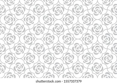 Flower geometric pattern with roses. Seamless vector background. White and grey ornament. Ornament for fabric, wallpaper, packaging. Decorative print
