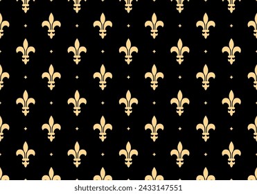 Blume geometrische Muster. mit königlicher Lilie. Nahtloser Vektorhintergrund. Gold und schwarzes Ornament