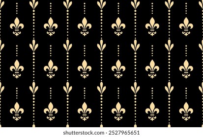 Padrão geométrico de flor de lírio real Fundo de vetor sem emenda. Ornamento dourado e preto. Ornamento para tecido, papel de parede, embalagem. Impressão decorativa