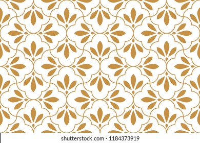 Blumengeometrisches Muster. Nahtloser Vektorhintergrund. Weiß- und Goldverzierungen. Ornament für Gewebe, Tapeten, Verpackungen, Dekorationsdruck