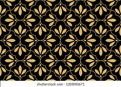 Flower geometric pattern. Seamless vector background. Gold and black ornament. Ornament for fabric, wallpaper, packaging, Decorative print