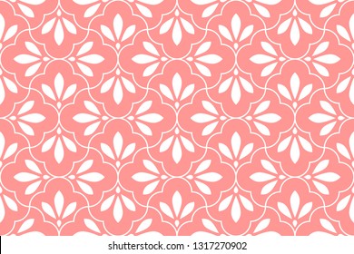 Flower geometric pattern. Seamless vector background. White and pink ornament. Ornament for fabric, wallpaper, packaging. Decorative print