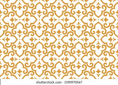 Flower geometric pattern. Seamless vector background. White and gold ornament. Ornament for fabric, wallpaper, packaging. Decorative print