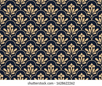 Flower geometric pattern. Seamless vector background. Gold and dark blue ornament. Ornament for fabric, wallpaper, packaging. Decorative print