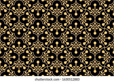 Flower geometric pattern. Seamless vector background. Black and gold ornament. Ornament for fabric, wallpaper, packaging. Decorative print