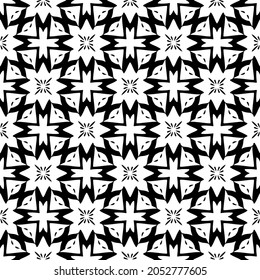 Blumengeometrisches Muster. Nahtloser Vektorhintergrund. Weiße und schwarze Ornamente. Ornament für Stoff, Tapete, Verpackung. Dekorativer Ausdruck.
