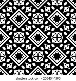 Patrón geométrico de las flores. Fondo vectorial impecable. Ornamento blanco y negro. Ornamento para tela, papel pintado, embalaje. Impresión decorativa.