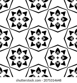 Flower geometric pattern. Seamless vector background. White and black ornament. Ornament for fabric, wallpaper, packaging. Decorative print.