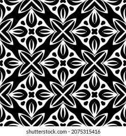 Flower geometric pattern. Seamless vector background. White and black ornament. Ornament for fabric, wallpaper, packaging. Decorative print.