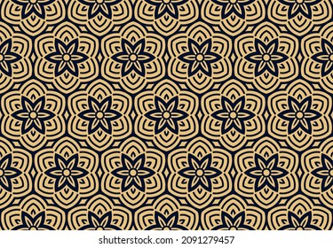 Flower geometric pattern. Seamless vector background. Gold and dark blue ornament. Ornament for fabric, wallpaper, packaging. Decorative print