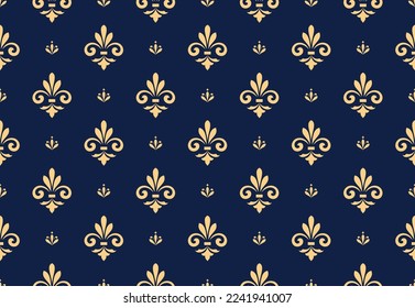 Flower geometric pattern. Seamless vector background. Gold and dark blue ornament with lilies