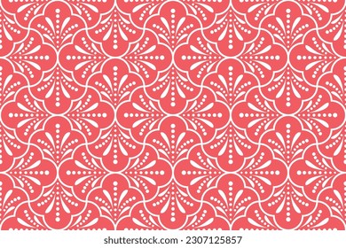 Flower geometric pattern. Seamless vector background. White and pink ornament. Ornament for fabric, wallpaper, packaging. Decorative print