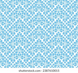 Flower geometric pattern. Seamless vector background. White and blue ornament. Ornament for fabric, wallpaper, packaging. Decorative print