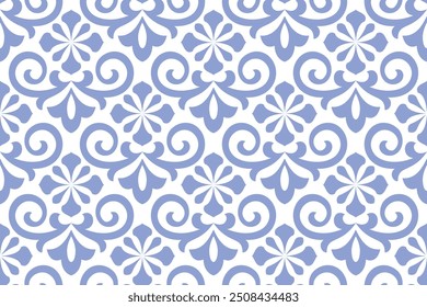 Padrão geométrico da flor. Plano de fundo de vetor contínuo. Ornamento branco e azul. Ornamento para tecido, papel de parede, embalagem. Impressão decorativa