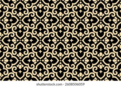 Flower geometric pattern. Seamless vector background. Golden and black ornament. Ornament for fabric, wallpaper, packaging. Decorative print
