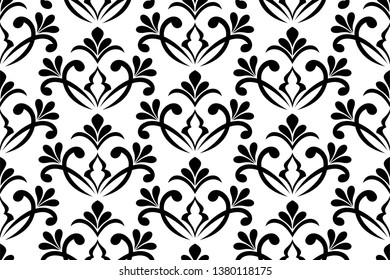 Flower geometric seamless pattern. Black and white ornament. Fabric for ornament, wallpaper, packaging, vector background.