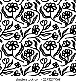 Flower geometric seamless pattern. Hand drawn black vector flowers in modern naive style. Chamomile and daisy stems. Ornament for fabric, wallpaper. Decorative retro print. Bold lines and brushstrokes