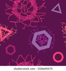 flower and geometric shapes seamless repeat pattern with pink, maroon, and purple colors 