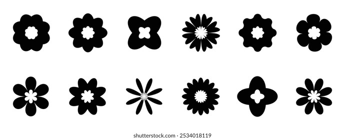 Flower geometric shapes. set of various flower shape. Brutalism abstract flower symbols. Black and white flowe shape. Star, circle, rounded flowers icon. Rounded and star shape flowers design.