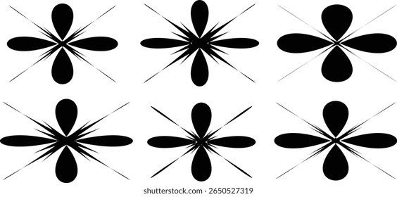 Formas geométricas de flores. conjunto de varias formas de flores. Brutalismo símbolos abstractos de flores. Forma de flor en blanco y negro. Estrella, círculo, icono de flores redondeadas. Redondeado y estrella