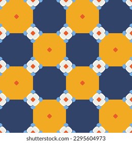 Flower geometric tile pattern. Seamless vector background. Yellow. red and blue ornament for fabric, wallpaper, packaging, cover, wrapping paper