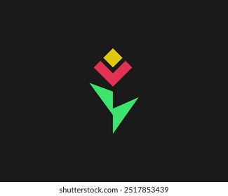 Um logotipo do vetor geométrico da flor. Flor colorida universal com caule e folhas. Logotipo do salão de beleza boutique de jardim.