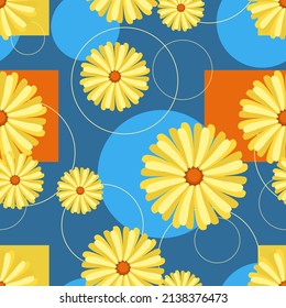 Flower, geometry background. Spring, summer flowers on colored patchwork background. Seamless template pattern for textile, packaging. Vector illustration.