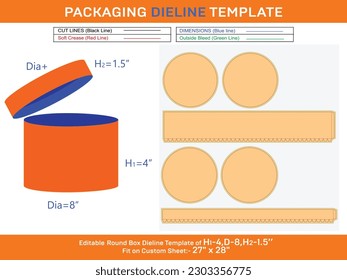 Flower gift box, round lid gift box dieline template with the dimension H1 4, D 8, H2 1.5 inch