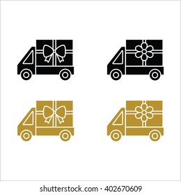 Flower and gift delivery truck icon. Black and gold car icon isolated on white background. Design for web. Pictograph of car.