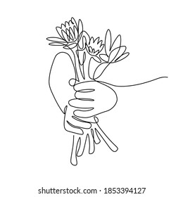 Flower gift in hands in continuous line art drawing style  Human hands holding bouquet flowers minimalist black linear sketch isolated white background  Vector illustration