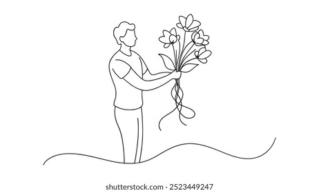 Regalo de la flor en el arte continuo de la línea de las manos aislado en el fondo blanco