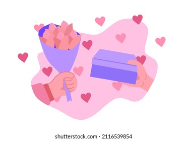 a flower and a gift for your boyfriend on valentines day in a flat style, for your projects and valentine's day