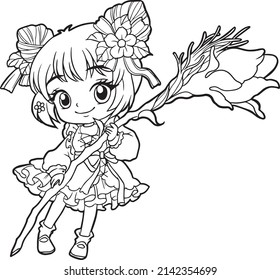 Flower girl cartoon coloring page cute kawaii manga art doodle vectors 