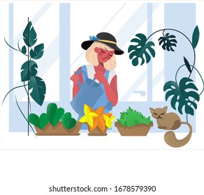 flower girl gardener in a hat watering flowers at home from a watering can around the plant cat cozy vector