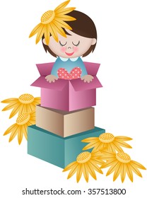 Flower girl inside open box