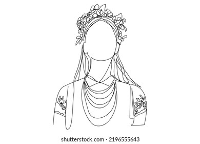 Flower Girl One Line Drawing. Modern Abstract Ukrainian Girl With Flowers Wreath Line Art Minimalist Style. Flower Line Art. Women's line art. Vector Illustration