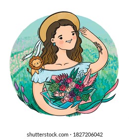 Flower girl in a straw hat with a bouquet in a green field