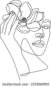 Flower Girl Vector One Line Drawing. Flower Line Art, One Line Art.Portrait minimalistic style. Beaty salon art . One Line Print. Woman Silhouette Botanical theme for print.