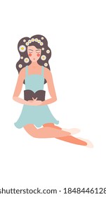 Niñas floridas composición plana con carácter de mujer con flores en el libro de lectura de pelo ilustración vectorial