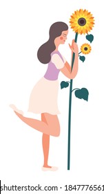 Flower girls flat composition with isolated images of tall sunflower with stem held by female character vector illustration