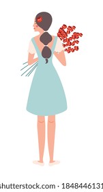 Niñas floridas composición plana con visión trasera de mujer con plait sujetando ramas de flores de amapola ilustración vectorial