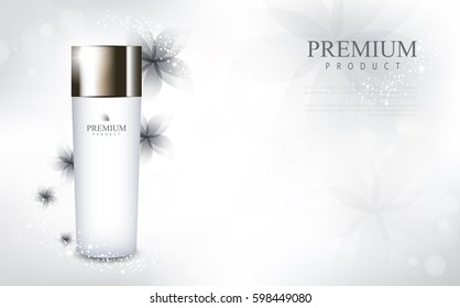 Flower glamorous cosmetic ads, facial treatment for sale. white cream bottle. vector design.