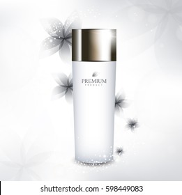 Flower glamorous cosmetic ads, facial treatment for sale. white cream bottle. vector design.