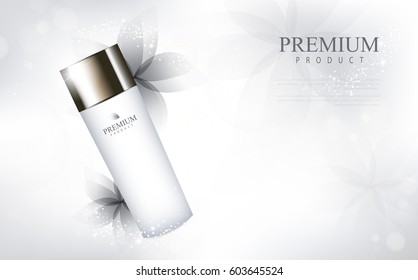 Flower glamorous cosmetic ads, facial treatment for sale. white cream bottle. vector design.