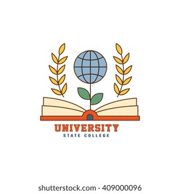 Flower Globe On Book Flat Outlined Vector Design Logo With Text On White Background