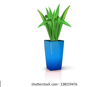 flower in glossy blue pot, realistic, volume with the reflection of the