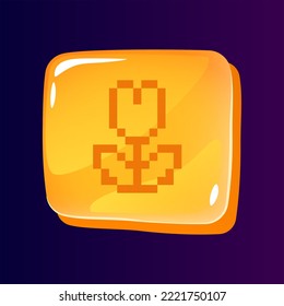 Flower glossy ui button with pixelated icon. Goods for gardening. Editable 8bit graphic element on shiny square shape. Isolated vector user interface image for web, mobile. Retro style game design